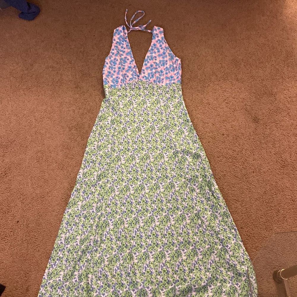 Floral Halter Maxi Dress in Pink and Green